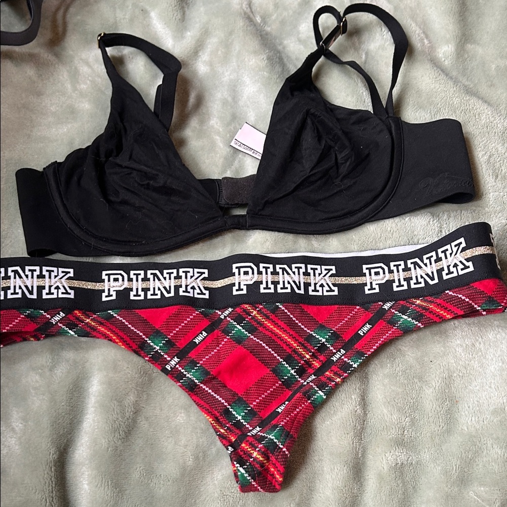 PINK Victoria's Secret Black Bra and Red Plaid Thong